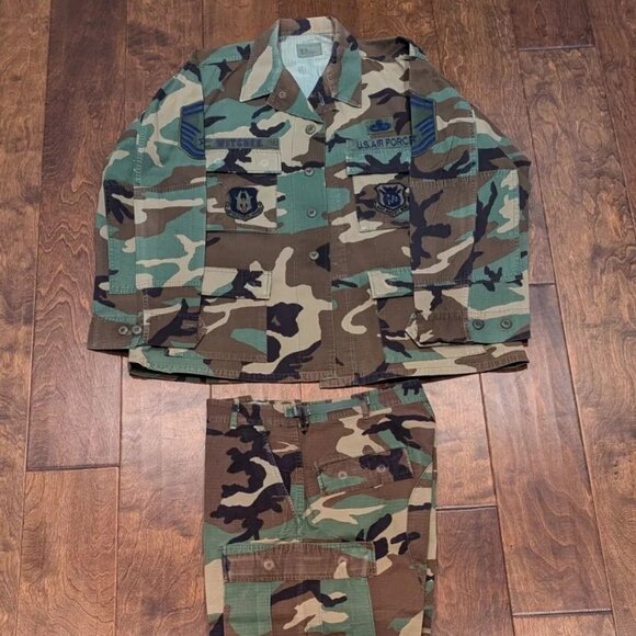 AIR FORCE Hot Weather Coat Woodland Camo Combat Large Short Patches Pants Medium - Picture 2 of 8